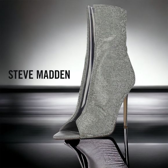 Steve Madden Finley Glass Crystal Peep Toe Bootie Stiletto Heel - Picture 1 of 15